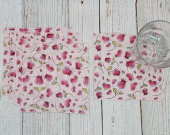 Valentines Day Cloth Napkins Roses Hearts Lunch Beverage Cocktail Snacks  Lunchbox Teacher Gift Set of 5