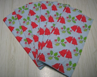 Christmas Cloth Dinner Napkins Holly Berries Bells Lunch Set of 6