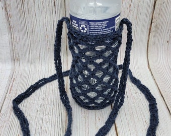 Water Bottle Carrier Bag Tote Crochet Navy Blue