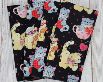 Valentine's Day Kids Cloth Napkins Cats Hearts on Black with Metallics Dinner Lunch Desserts Lunchbox Teachers Gift Set of 4