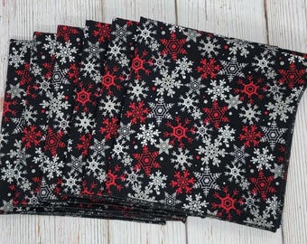 Winter, Snowflake Napkins, Black Red Cloth Napkins, Lunchbox Napkins, Everyday Lunch Napkins, Silver Metallic Snowflakes, 12 Inch, Set of 6