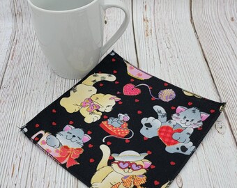 Valentine's Day Snack Napkins, Cats Hearts, Kids Lunch Napkins, Metallic Highlights, Beverage Napkins, 6 Inch, Set of 5