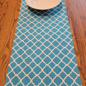 May include: A turquoise table runner with a white geometric pattern. The runner is made of fabric and has a stitched edge.