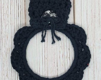 Kitchen Towel Holder, Crochet Towel Ring, Towel Holder, Handmade Gift, Everyday, Halloween, Kwanzaa, Mardi Gras, Modern, Gothic, Color Black