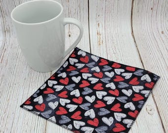 Valentine's Day Beverage Napkins, Tossed Hearts on Black Napkins, Snack Napkins, Lunchbox Napkins, 6 Inch, Set of 4