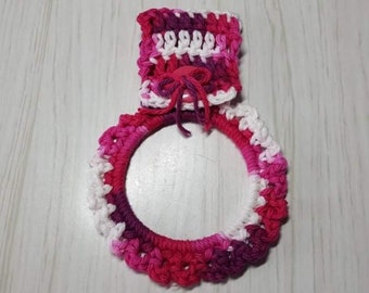Kitchen Towel Holder, Crochet Towel Ring, Towel Holder, Handmade Gift, Variegated - White Red Pink Maroon