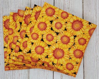 Sunflower Cloth Napkins Set of 6, 12 Inch Reusable Napkins, Yellow Floral Napkins, Fall Table Decor, Everyday Cloth Napkins