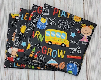 Back to School Cloth Napkins Set of 4, 12 Inch School Kids Napkins, Play Learn Grow, Reusable Lunch Napkins, Teacher Gift