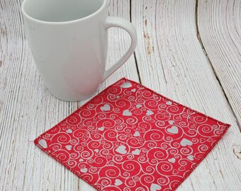 Valentine's Day Beverage Napkins, Silver Hearts, Swirls, Snack Napkins, Lunchbox Napkins, Teachers Gift, 5 Inch, Set of 5