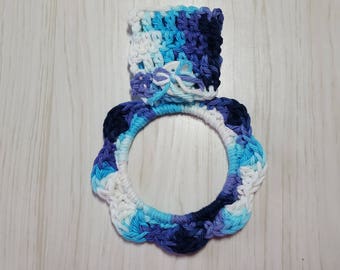 Kitchen Towel Holder, Crochet Towel Ring, Towel Holder, Handmade Gift, Variegated - White Blue Purple Navy