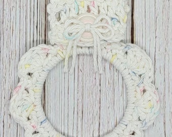 Kitchen Towel Holder, Crochet Towel Ring, Towel Holder, Handmade Gift, Variegated - Pastels in White