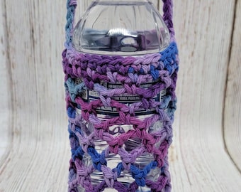 Beverage Cozy, Water Bottle Carrier, Coffee Tumbler Carrier, Soda Bottle Carrier, Phone Carrier, Crochet Bag, Variegated Purples Green Blue
