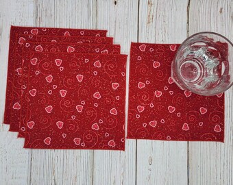 Valentine's Day Hearts Cloth Napkins Swirls Glitter Beverages Cocktails Snacks Lunchboxes Teachers Gift Set of 5