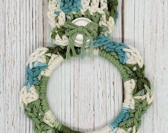 Kitchen Towel Holder, Crochet Towel Ring, Towel Holder, Handmade Gift, St Patricks Day, Variegated Green Beige Teal, Color Emerald Isle