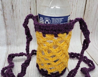 Water Bottle Carrier Bag Tote Crochet Gold Purple