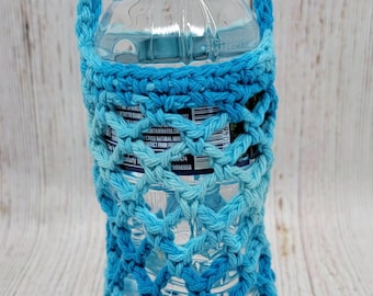Beverage Cozy, Water Bottle Carrier, Coffee Tumbler Carrier, Soda Bottle Carrier, Phone Carrier, Crochet Bag, Variegated Blues and Turquoise