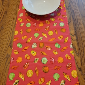 Seashells Table Runner in Pink Coral Green Beach Nautical Design Runner Table Centerpiece Everyday Runner