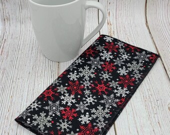 Winter, Snowflake Snack Napkins, Black Red Lunchbox Napkins, Metallic Snowflake Napkins, Beverage Napkins, 8 Inch, Set of 4, Teachers Gift