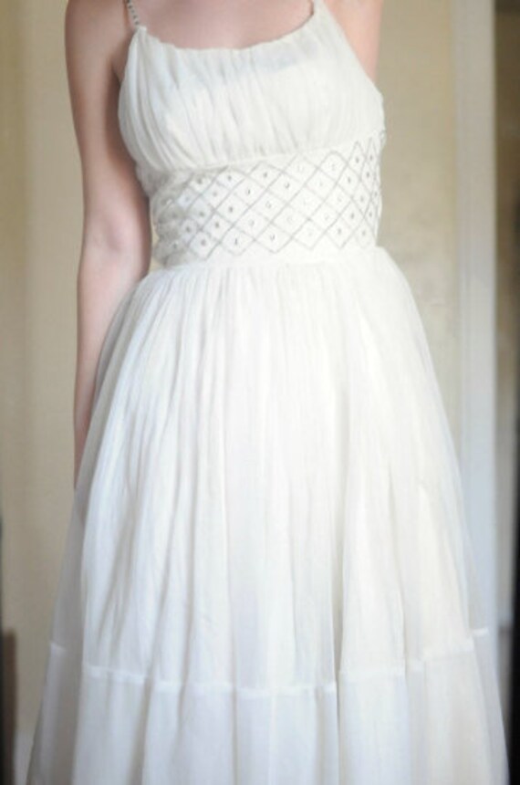 Vintage 1950's White Tea Length Princess Wedding D