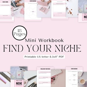 Puede incluir: Un mini cuaderno de trabajo rosa y blanco titulado "FIND YOUR NICHE" con 18 páginas. El cuaderno de trabajo está diseñado para impresión PDF en tamaño carta de EE. UU. (21,59 cm x 27,94 cm). La imagen incluye páginas con diagramas y texto, incluyendo "VENN DIAGRAM" y "NICHE-DOWN".