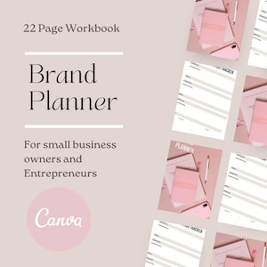 Puede incluir: Un cuaderno de trabajo Brand Planner rosa y blanco para propietarios de pequeñas empresas y emprendedores. La portada dice "Brand Planner" y "22 Page Workbook". La imagen también muestra un teléfono rosa, un cuaderno y un bolígrafo.