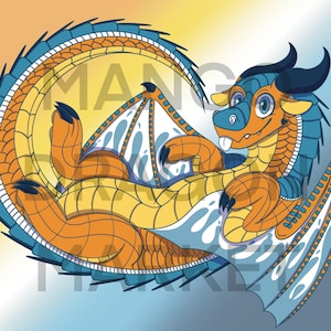Puede incluir: Un drag&oacute;n de dibujos animados con escamas naranja, amarillo y azul est&aacute; enroscado en una pose relajada. El drag&oacute;n tiene una expresi&oacute;n amigable y mira directamente al espectador.