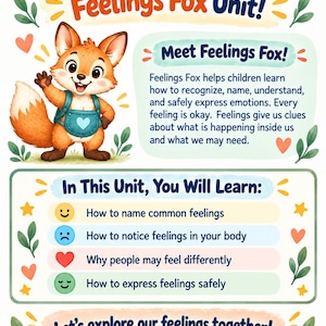 Könnte beinhalten: Ein Lehrplakat mit dem Titel Welcome to the Feelings Fox Unit, das einen Zeichentrickfuchs in einer blauen Latzhose mit einem Herz zeigt. Der Text erklärt, wie man Emotionen erkennt und listet Lernziele zum Benennen und Ausdrücken von Gefühlen auf.
