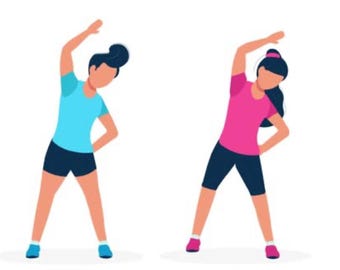 Può includere: Due persone si stanno allungando, una indossa una maglietta blu e pantaloncini blu, l'altra indossa una maglietta rosa e pantaloncini neri.