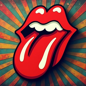 May include: A red tongue with a white outline and a white smile, against a vintage-style background of red, yellow, and blue stripes.