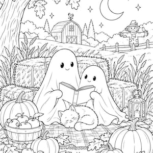 May include: A black and white coloring page illustration featuring two ghosts reading a book together on a blanket. A sleeping cat rests in front of them, surrounded by pumpkins, a basket of apples, a lantern, a barn, and a scarecrow.