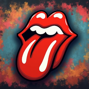 May include: A stylized red tongue and lips logo with white teeth, set against a textured background of blue, orange, and red hues. The iconic design is a symbol of rock and roll.