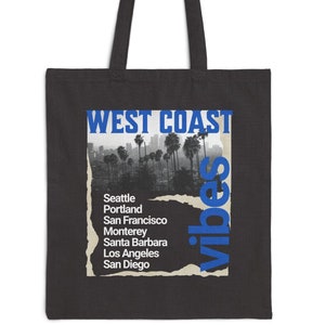 West Coast Vibes - Major Coastal Cities. Graphic Cotton Canvas Tote Bag. Oregon and California cities, City Totes
