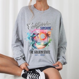 California Sunshine - Das goldene Zustand Grafik-Langarm-T-Shirt. Reise-Abenteuer-Reiseziel-Hemd, Naturliebhaber im Freien, Kalifornien-Strände