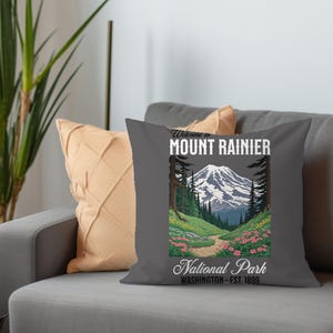 Mount Rainier Graphic Square Pillow. Outdoor Nature Lover Gift, Mount Rainier Home Decor, Washington State Pillows, Hiking Scenic Mountains