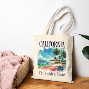 California - The Golden State graphic Canvas Tote Bag. California State Tote, Travel Adventure Beach Scenic Totes, Nature Outdoor Lover Tote