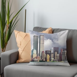 Poduszka z widokiem na wieże bliźniacze w Nowym Jorku - Poduszka z widokiem na World Trade Center, Poduszki z widokiem na panoramę Nowego Jorku, Miejski wystrój domu, Dekoracja na poduszkę z widokiem na miasto w Nowym Jorku