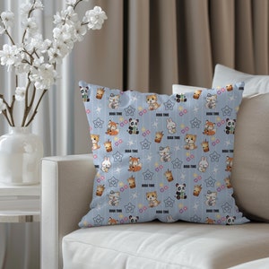 Boba Time Kawaii Animals Polyester Square Pillow. Kawaii Panda and Cats drinking Boba Milk Tea, Baby Blue Blanket, Cute Boba Drink and Stars