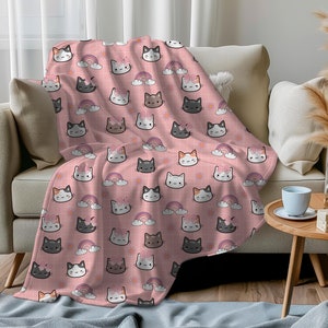 Kawaii Cat with Bows Velveteen Plush Blanket. Cute Kawaii Cat with Rainbows, and Flowers, Cartoon Cat with Bows, Pink Blankets with Rainbows