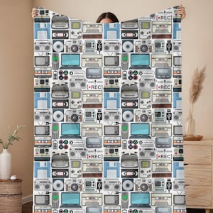 Technology Electronic Graphics Velveteen Plush Blanket. Nostalgia Gadgets, Vintage Electronics, VHS Cassette Tape Pager. Engineer Gamer Gift