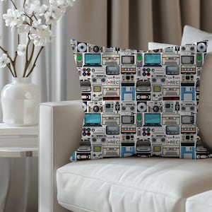 Electronic and Technology Nostalgia Graphic Square Pillow. Vintage Gadgets, VHS Cassette, CD, Floppy Disk, Engineer Gamer Gifts, Tech Decor