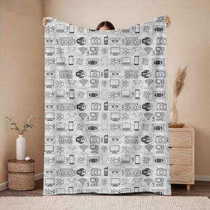 Technology and Electronics Velveteen Blanket. Computer Phone VHS Tape Laptop Wifi Print Blanket, Tech Gamer Computer Prints, Gifts for Men