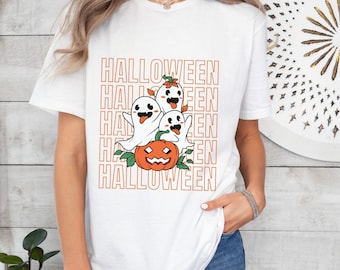 Gekke Halloween-T-shirt met geesten en pompoen. Leuk Ghosts and Pumpkin-T-shirt, Halloween-werk- en feestshirt, Halloween-shirts voor tieners