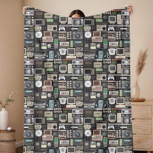 Technology and Electronic Nostalgia Gadgets Velveteen Plush Blanket. Vintage Graphics of Computers Phones CD Cassette Tapes. Engineer Gifts