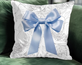 Blue Coquette Bow Square Pillow, Cute Home Decor, Wedding or Nursery Pillow, Living Room Accents, Baby Blue Statement Bow, Realistic Bows