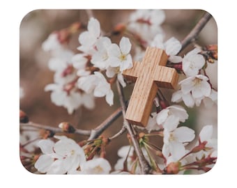 Wood Cross Floral Mouse Pad, Office Decor, Spiritual Religious Gift, Catholic Christian Gifts, Wooden Cross, Cross and Florals, Flower Cross