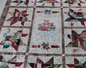OOAK Patchwork  Stars and hand embroidered Bears Quilt, Traditional Quilt  43" by 56" Lap  throw , wall hanging or child