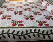 AOAK Traditional Carolina Lily Blanket Patchwork Quilt 90 quot by90 quot Queen Full King Red White Green Hand applique