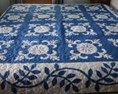 OOAK Patchwork Blue White Applique Quilt, Traditional Quilt Blanket 89 quot by 89 quot Queen King custom quilted
