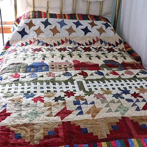 Houses Stars & Maple Leaves handmade Patchwork Quilt, TwinTrow Lap blanket 86 "by 68" Patchwork