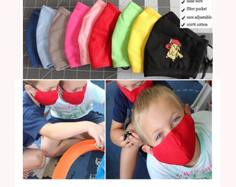 Kids Face Mask with filter pocket 100% Cotton, Washable Reusable, Nose wire Adjustable ear loops